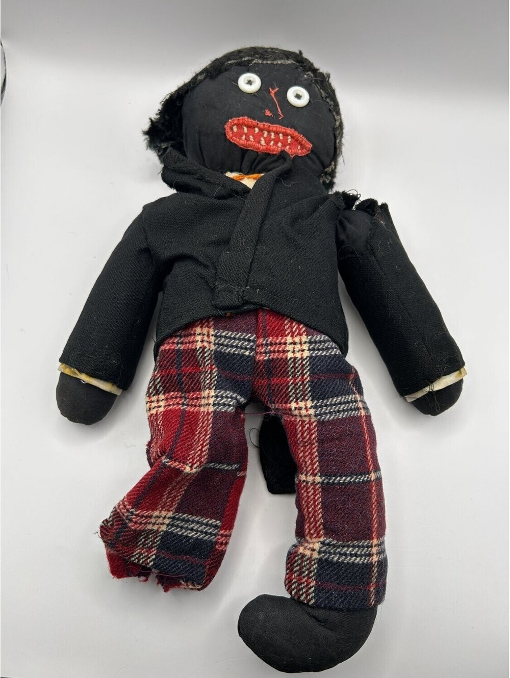 Handmade Vintage Cloth Rag Doll Black Coat Plaid Trousers For Parts